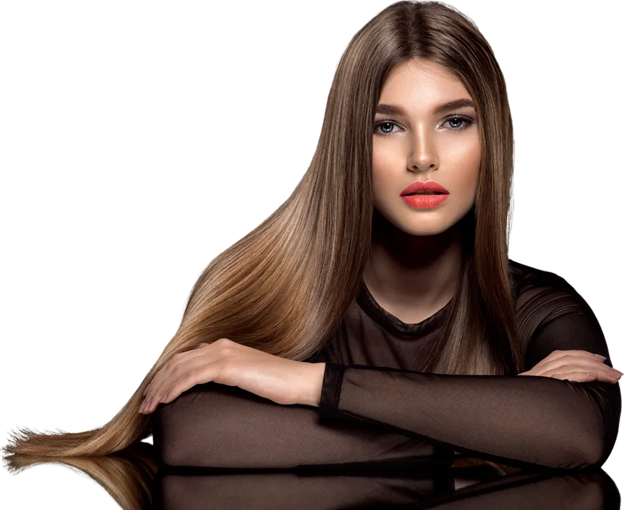 Modelo con cabello largo, lacio y brillante
